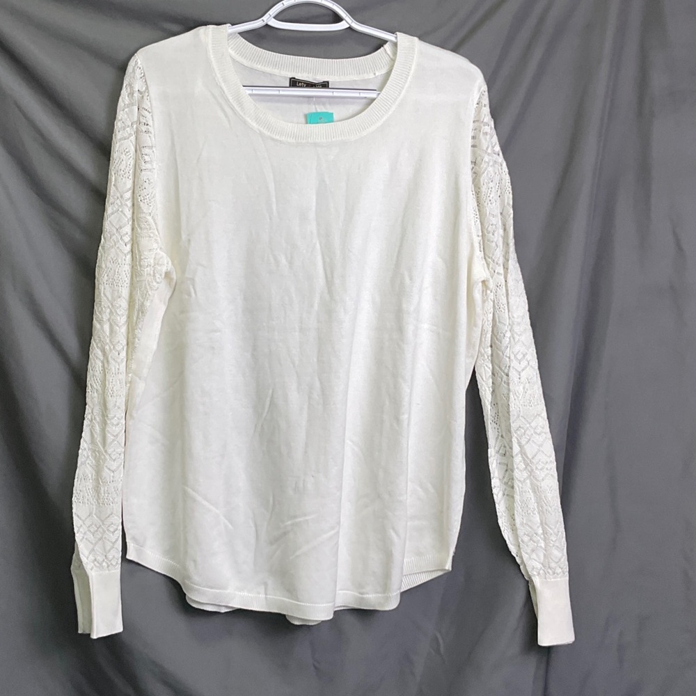 Lety & Me Cream Sweater with Pointelle Sleeves